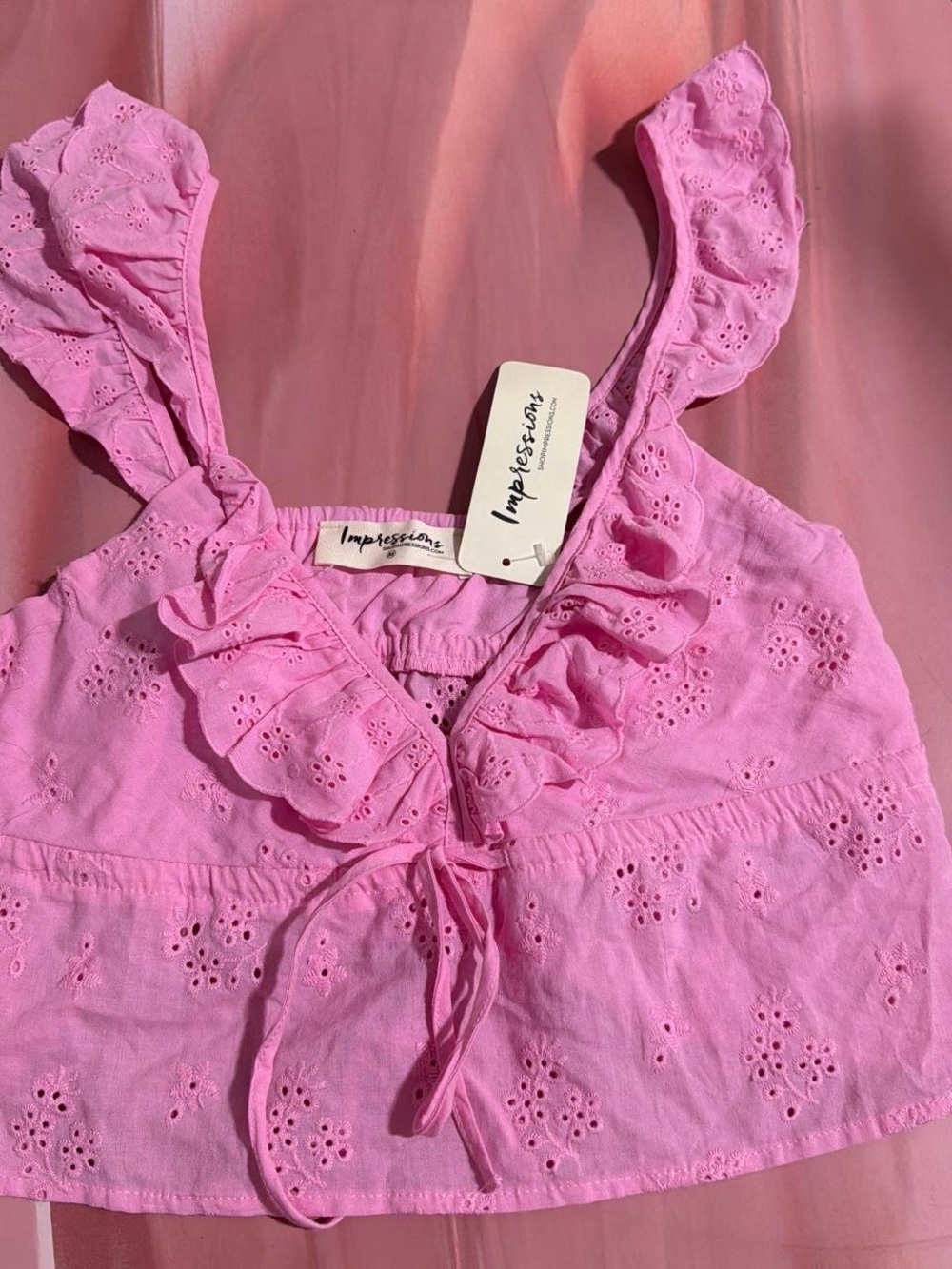 Impressions Pink Eyelet Ruffle Tie-Front Dress